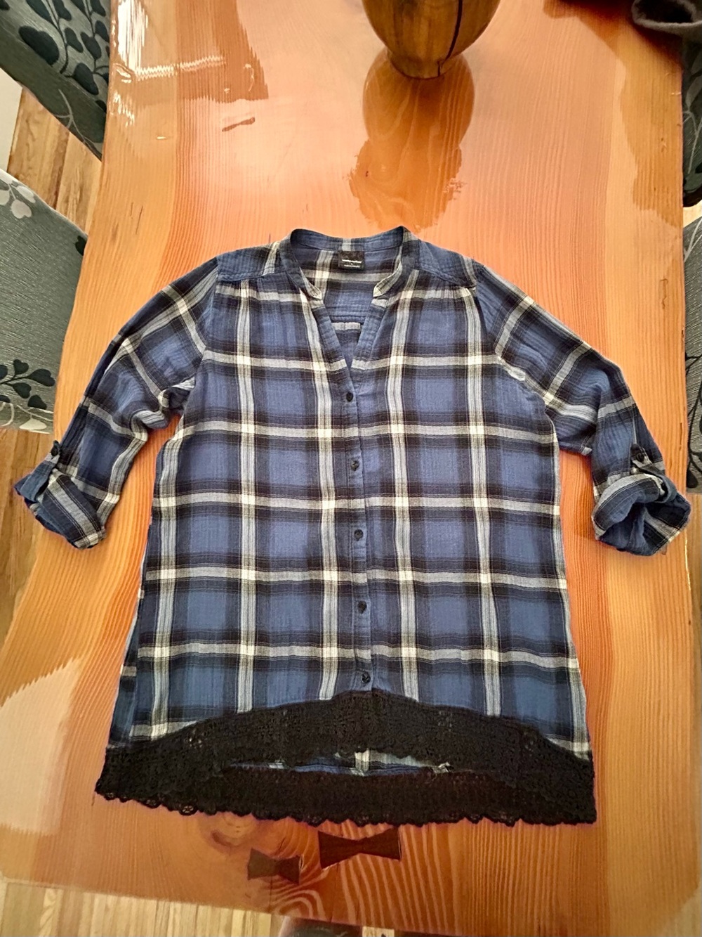 Wallpapher Blue Plaid Shirt with Black Lace Detail